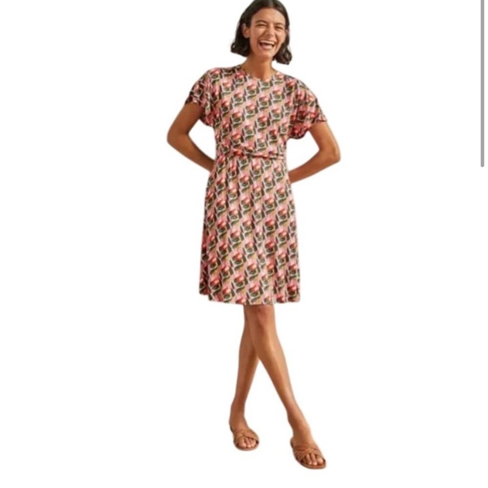 Boden Pink‎ Abstract Bloom Short Flutter Sleeve Jersey Dress 2P